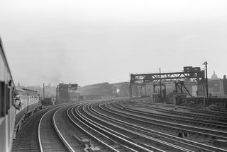 Approaching Broad Street, Greater London with a LCGB Tour Poplar and Edgware on Saturday 05 May 1956 - J.J. Smith [040363]