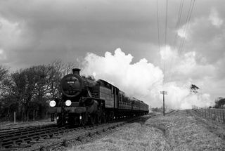 BR(M) 4P class 42098 at Greatfield Siding, East Sussex with the 10.20am Tunbridge Wells West - Eastbourne service on Sunday 08 Apr 1951 - J.J. Smith [041323]