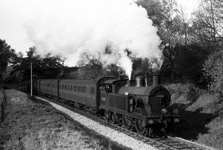 BR(S) H class 31328 between Rotherfield and Mark Cross and Mayfield. Argos Hill, East Sussex with the 5.55pm Tunbridge Wells West - Eastbourne service on Monday 21 May 1951 - J.J. Smith [041423]