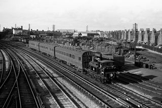 BR(S) Terrier class 32636 at Eastbourne, East Sussex with the 6.18pm Hailsham - Eastbourne service on Friday 01 Aug 1952 - J.J. Smith [043004]