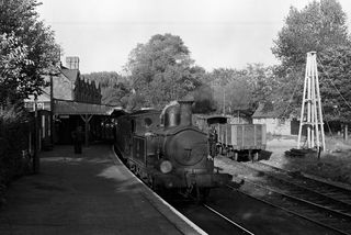 O2 class W28 'Ashey' at Bembridge Station, Isle of Wight with a Bembridge - Brading service on Sunday 20 Sep 1953 - J.J. Smith [043559]