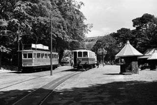 Laxey, Isle of Man with a Snafell car No 1 and MER 22 on Tuesday 29 Jun 1954 - J.J. Smith [043862]