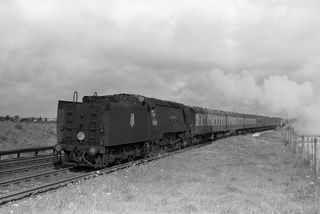 BR(S) West Country class 34100 'Appledore' in West Sussex with the 9.22am Polegate - Eastbourne service on Saturday 16 Aug 1958 - J.J. Smith [044962]