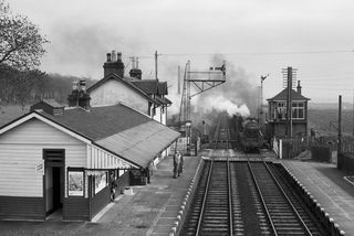 BR(M) 5MT class 45432 at Dunragit Station, Scotland with a Freight from Dumfries line on Friday 21 Nov 1958 - J.J. Smith [045066]