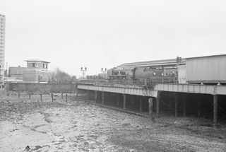 BR(S) West Country class 34013 'Okehampton' at Portsmouth Harbour, Hampshire with the "SCTS The Southdown Venturer" Rail Tour on Sunday 20 Feb 1966 - J.J. Smith [047264]