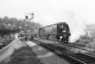 BR(S) West Country class 34006 'Bude' & BR(S) Battle of Britain class 34057 'Biggin Hill' at Midford, Somerset with the "LCGB Somerset & Dorset" Rail Tour on Saturday 05 Mar 1966 - J.J. Smith [047275]