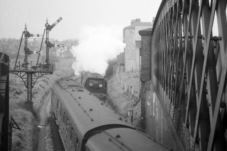 BR(S) Battle of Britain class 34110 '66 Squadron' at Northam, Hampshire on Tuesday 16 Sep 1958 - A. Postlewaite [050083]