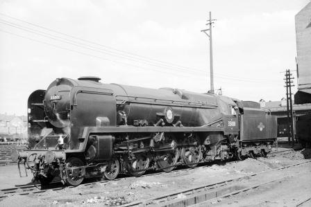 BR(S) Merchant Navy class 35001 'Channel Packet' at Exmouth Junction Shed, Devon on Monday 31 Aug 1959 - A. Postlewaite [050272]