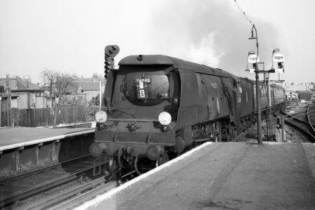 BR(S) Battle of Britain class 34089 '602 Squadron' at Herne Hill, Greater London with a Victoria - Folkestone Harbour Boat Train on Sunday 13 Sep 1959 - A. Postlewaite [050930]