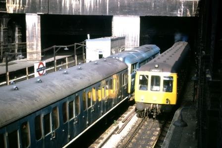 BR Class 31 31248 & BR Class 114 at King's Cross (Widened Lines) Station, Greater London with the 8.20 am Cuffley - Moorgate service on Monday 14 Jun 1976 - J.J. Smith [060679]