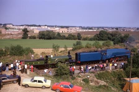 LNER A4 class 4498 'Sir Nigel Gresley' & GNR Stirling Single class 1 at Shildon to Heighington Cavalcade, Durham on Sunday 31 Aug 1975 - J.J. Smith [060808]