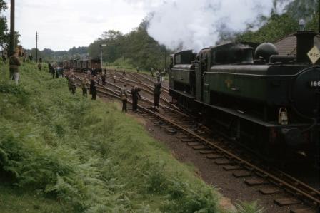 BR(W) 1600 class 1664 & BR(W) 1600 class 1668 at Coleford Junction, Gloucestershire with the "REC The Severn Bore Brake Van Special - 2nd Run" Rail Tour on Saturday 20 Jun 1964 - J.J. Smith [060965]