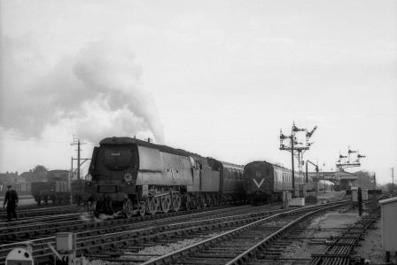 BR(S) West Country class 34006 'Bude' at Fareham Station, Hampshire with a Diverted 1.30pm Waterloo - Weymouth service on Sunday 28 Oct 1962 - J.H.W. Kent [079162]