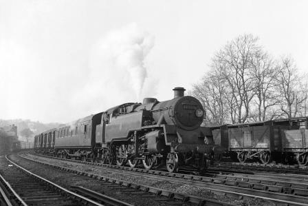 BR Std 4MT class 80016 passing Preston Park Pullman Car Works, East Sussex with a down Vans service on Tuesday 15 Apr 1952 - J.H.W. Kent [090125]