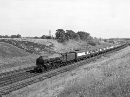 BR(E) A1 class 60134 'Foxhunter' north of Potters Bar, Hertfordshire with a down West Riding service on Saturday 12 Jul 1952 - J.H.W. Kent [090328]
