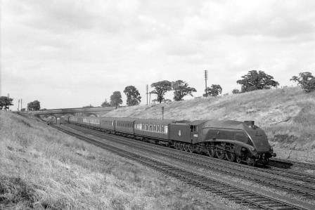 BR(E) A4 class 60022 'Mallard' north of Potters Bar, Hertfordshire with an up Passenger service on Saturday 12 Jul 1952 - J.H.W. Kent [090329]
