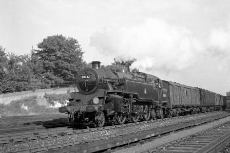 BR(S) 4MT class 80042 passing Preston Park Pullman Car Works, East Sussex with an up Vans service on Wednesday 30 Jul 1952 - J.H.W. Kent [090395]