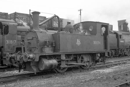 BR(S) B4 class 30084 & BR(S) N class 31817 & BR(S) West Country class 34048 'Crediton' at Dover Shed, Kent on Monday 18 Aug 1952 - J.H.W. Kent [090447]