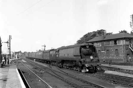 BR(S) West Country class 34037 'Clovelly' at Salisbury Station, Wiltshire with an up West of England local service on Thursday 21 Aug 1952 - J.H.W. Kent [090480]