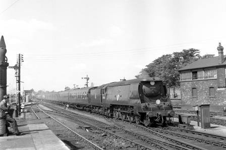 BR(S) Battle of Britain class 34056 'Croydon' at Salisbury Station, Wiltshire with a West of England - Waterloo service on Thursday 21 Aug 1952 - J.H.W. Kent [090482]