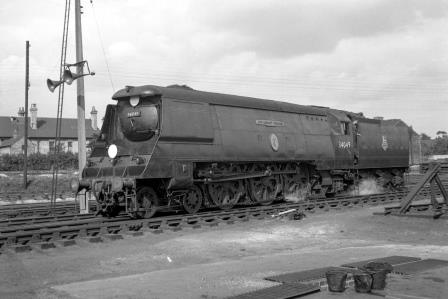 BR(S) Battle of Britain class 34049 'Anti-Aircraft Command' at Salisbury Shed, Wiltshire on Thursday 21 Aug 1952 - J.H.W. Kent [090494]