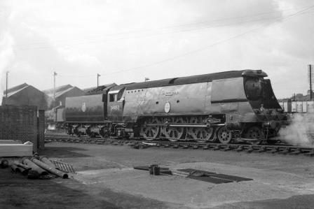 BR(S) Battle of Britain class 34053 'Sir Keith Park' at Salisbury Shed, Wiltshire on Thursday 21 Aug 1952 - J.H.W. Kent [090495]