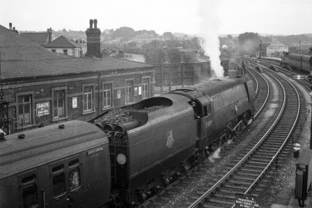BR(S) Merchant Navy class 35009 'Shaw Savill' at Salisbury Station, Wiltshire with a West of England - Waterloo service on Thursday 21 Aug 1952 - J.H.W. Kent [090500]