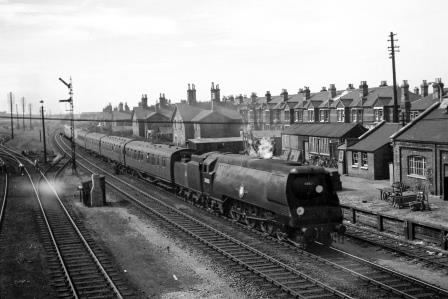 BR(S) Merchant Navy class 35021 'New Zealand Line' at Eastleigh, Hampshire with a Bournemouth - Waterloo service on Wednesday 27 Aug 1952 - J.H.W. Kent [090544]