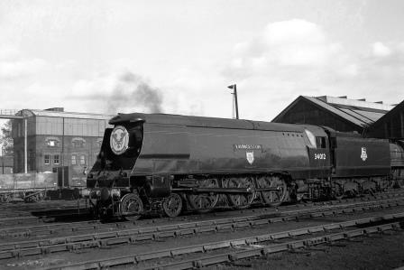 BR(S) West Country class 34012 'Launceston' at Eastleigh Shed, Hampshire on Wednesday 27 Aug 1952 - J.H.W. Kent [090556]