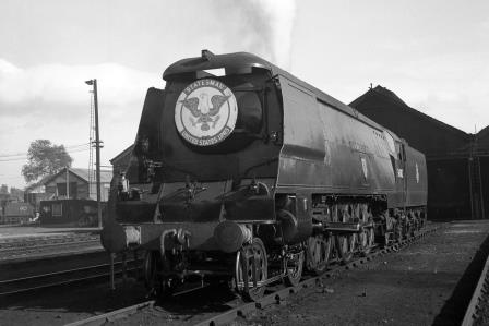 BR(S) West Country class 34012 'Launceston' at Eastleigh Shed, Hampshire on Wednesday 27 Aug 1952 - J.H.W. Kent [090557]