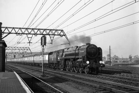 BR Britannia class 70002 'Geoffrey Chaucer' at Stratford, Greater London with the down "Norfolkman" on Friday 29 Aug 1952 - J.H.W. Kent [090562]