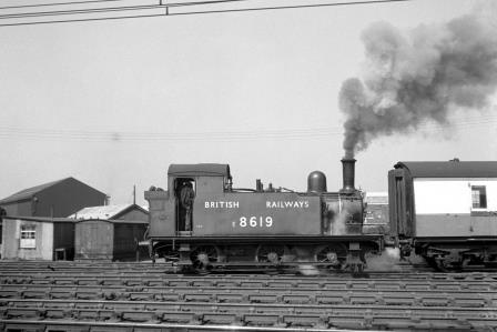BR(E) Class J69 E8619 at Stratford, Greater London with an up Empty Stock service on Friday 29 Aug 1952 - J.H.W. Kent [090575]