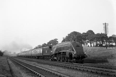 BR(E) A4 class 60015 'Quicksilver' north of Potters Bar, Hertfordshire with an up Passenger service on Friday 29 Aug 1952 - J.H.W. Kent [090582]
