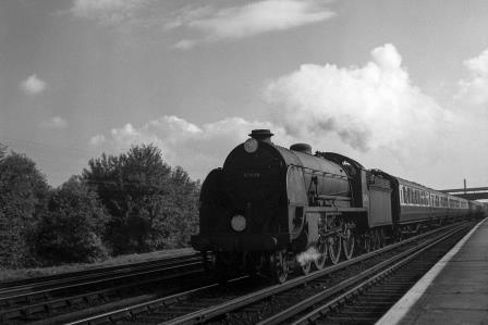 BR(S) King Arthur class 30456 'Sir Galahad' at Raynes Park, Greater London with a Waterloo - West of England service on Saturday 13 Sep 1952 - J.H.W. Kent [090602]
