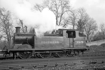 BR(S) E5 class 32573 passing Preston Park Pullman Car Works, East Sussex with a down Goods service on Wednesday 29 Oct 1952 - J.H.W. Kent [090698]