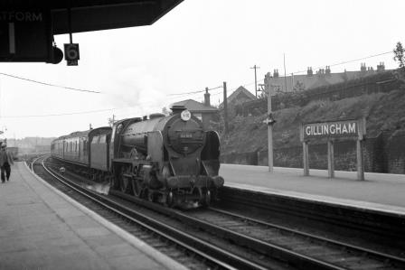 BR(S) Schools class 30910 'Merchant Taylors' at Gillingham Station, Kent with a Dover Priory - Victoria service on Saturday 19 May 1951 - J.H.W. Kent [091351]