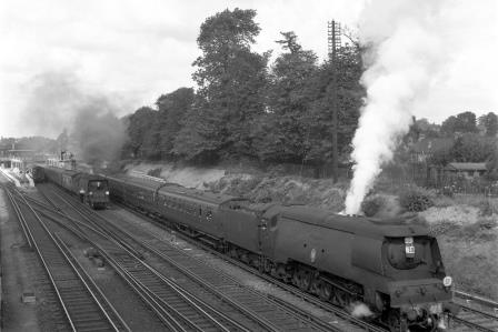 BR(S) Battle of Britain class 34083 '605 Squadron' & BR(S) Merchant Navy class 35001 'Channel Packet' at Bromley South Station, Greater London with a Victoria - Ramsgate & Victoria - Dover Marine Boat Train on Saturday 02 Aug 1958 - J.H.W. Kent [092026]