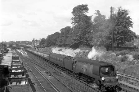 BR(S) Battle of Britain class 34087 '145 Squadron' at Bromley South Station, Greater London with a Victoria - Dover Marine Boat Train on Saturday 02 Aug 1958 - J.H.W. Kent [092033]