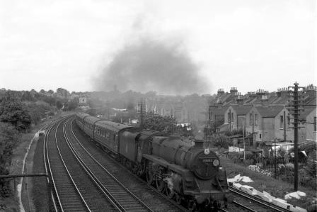 BR Std 5MT class 73082 'Camelot' between Shortlands and Bromley South, Greater London with a Victoria - Dover Marine or Folkestone Harbour Boat Train on Saturday 02 Aug 1958 - J.H.W. Kent [092038]