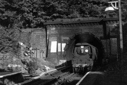 BR(S) Battle of Britain class 34083 '605 Squadron' at Sydenham Hill Station, Greater London with a Dover Marine - Victoria Boat Train on Saturday 02 Aug 1958 - J.H.W. Kent [092049]