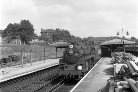 BR Std 5MT class 73083 'Pendragon' at Bickley Station, Greater London with the 12.10pm Ramsgate - Derby service on Saturday 30 Aug 1958 - J.H.W. Kent [092079]