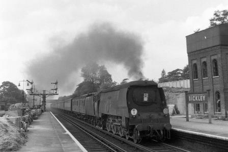 BR(S) Battle of Britain class 34071 '601 Squadron' at Bickley Station, Greater London with a Victoria - Dover Marine Boat Train on Saturday 30 Aug 1958 - J.H.W. Kent [092081]
