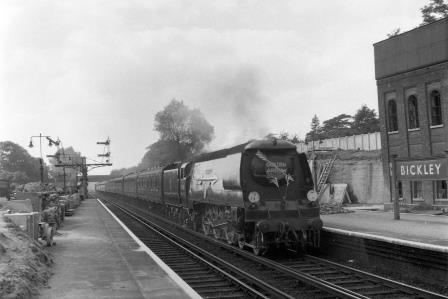 BR(S) Battle of Britain class 34089 '602 Squadron' at Bickley Station, Greater London with the down "Golden Arrow" on Saturday 30 Aug 1958 - J.H.W. Kent [092082]