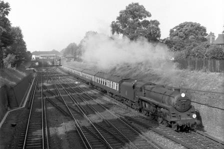 BR(S) Std 5MT class 73082 'Camelot' at Bickley, Greater London with a WR - Ramsgate service on Saturday 13 Sep 1958 - J.H.W. Kent [092103]