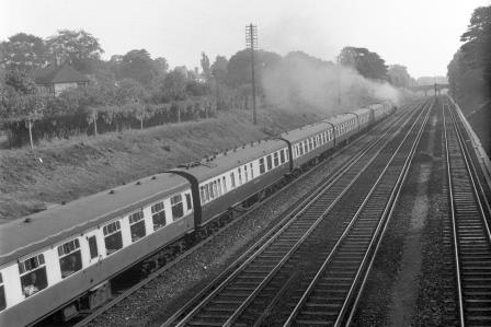 BR(S) Std 5MT class 73082 'Camelot' at Bickley, Greater London with a WR - Ramsgate service on Saturday 13 Sep 1958 - J.H.W. Kent [092104]