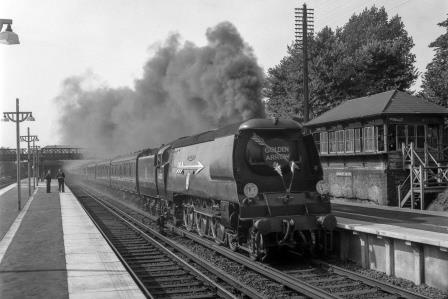 BR(S) Battle of Britain class 34085 '501 Squadron' at Bromley South Station, Greater London with the down "Golden Arrow" on Saturday 13 Sep 1958 - J.H.W. Kent [092110]