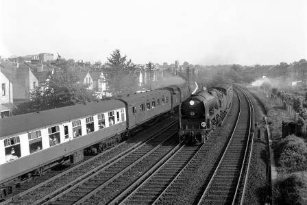 BR(S) West Country class 34037 'Clovelly' & BR(S) Battle of Britain class 34067 'Tangmere' between Shortlands and Bromley South, Greater London with a Ramsgate - Victoria service on Saturday 13 Sep 1958 - J.H.W. Kent [092118]
