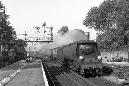 BR(S) Merchant Navy class 35028 'Clan Line' at Beckenham Junction Station, Greater London with a Victoria - Dover Marine or Folkestone Harbour Boat Train on Saturday 27 Sep 1958 - J.H.W. Kent [092127]