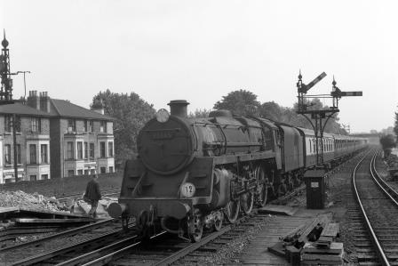 BR Std 5MT class 73085 'Melisande' at Shortlands, Greater London with a Ramsgate - Victoria service on Saturday 27 Sep 1958 - J.H.W. Kent [092131]