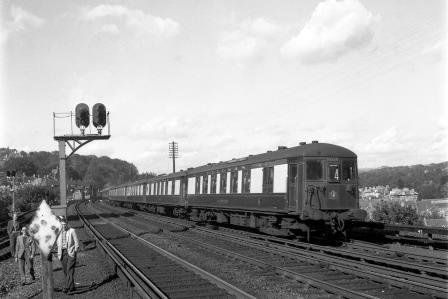 BR(S) Class 5-BEL 3053 passing Preston Park Pullman Car Works, East Sussex with the down "Brighton Belle" on Wednesday 01 Oct 1958 - J.H.W. Kent [092142]